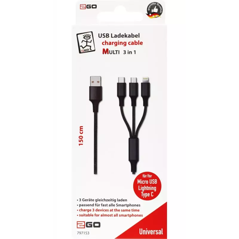 USB kábel 2GO 797153 1,5 m USB-B na USB-C/Micro-USB-B/Lightning čierny