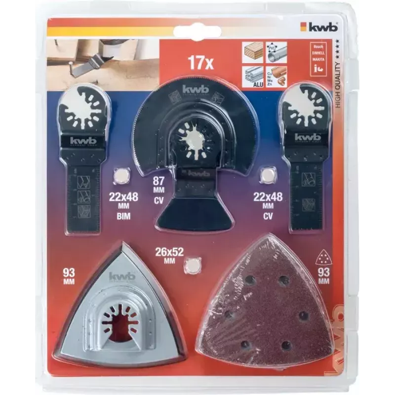 Sada čepelí kwb Universal kit 17 ks pre hliník betón meď sadrokartón plast plech drevo