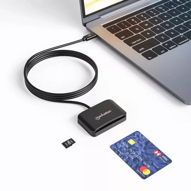 Manhattan USB-C čítačka kontaktných čipových kariet s MicroSD slotom, USB Type-C konektor samec na kontaktné rozhranie čítačky a microSDXC, podporuje Windows, macOS a Linux, číta SIM karty s adaptérom, kábel 1 m, čierna, trojročná záruka