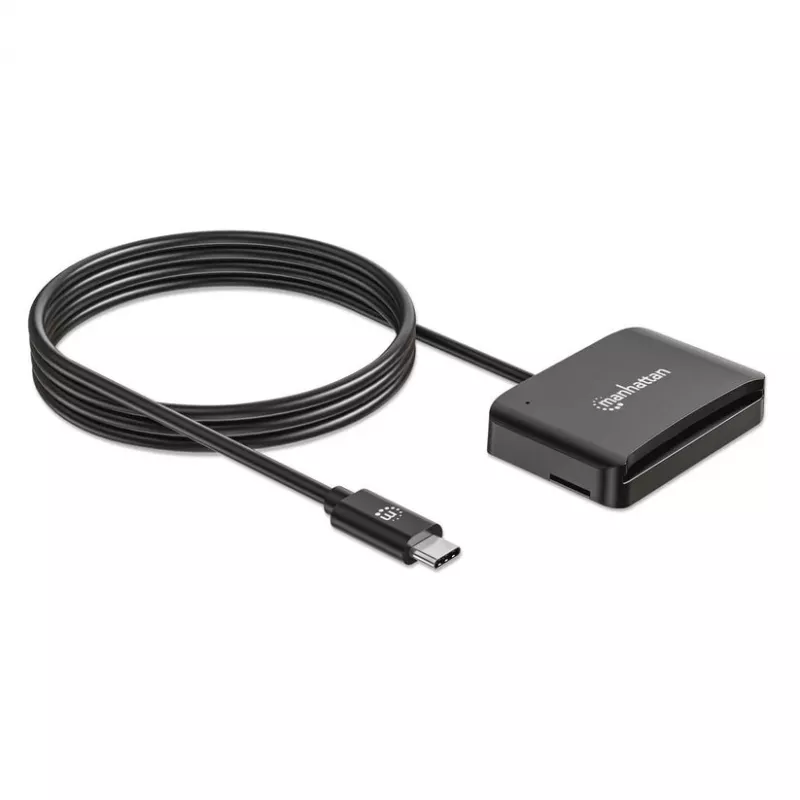Manhattan USB-C čítačka kontaktných čipových kariet s MicroSD slotom, USB Type-C konektor samec na kontaktné rozhranie čítačky a microSDXC, podporuje Windows, macOS a Linux, číta SIM karty s adaptérom, kábel 1 m, čierna, trojročná záruka