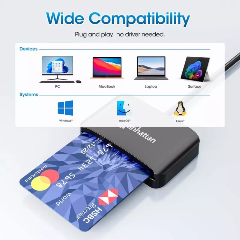 Manhattan USB-C čítačka kontaktných čipových kariet s MicroSD slotom, USB Type-C konektor samec na kontaktné rozhranie čítačky a microSDXC, podporuje Windows, macOS a Linux, číta SIM karty s adaptérom, kábel 1 m, čierna, trojročná záruka