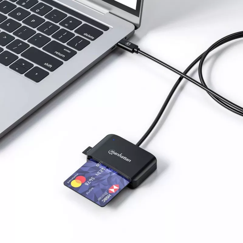 Manhattan USB-C čítačka kontaktných čipových kariet s MicroSD slotom, USB Type-C konektor samec na kontaktné rozhranie čítačky a microSDXC, podporuje Windows, macOS a Linux, číta SIM karty s adaptérom, kábel 1 m, čierna, trojročná záruka