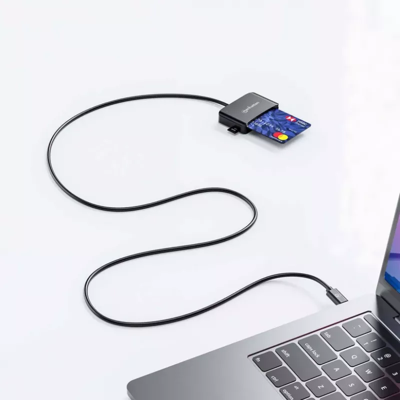 Manhattan USB-C čítačka kontaktných čipových kariet s MicroSD slotom, USB Type-C konektor samec na kontaktné rozhranie čítačky a microSDXC, podporuje Windows, macOS a Linux, číta SIM karty s adaptérom, kábel 1 m, čierna, trojročná záruka