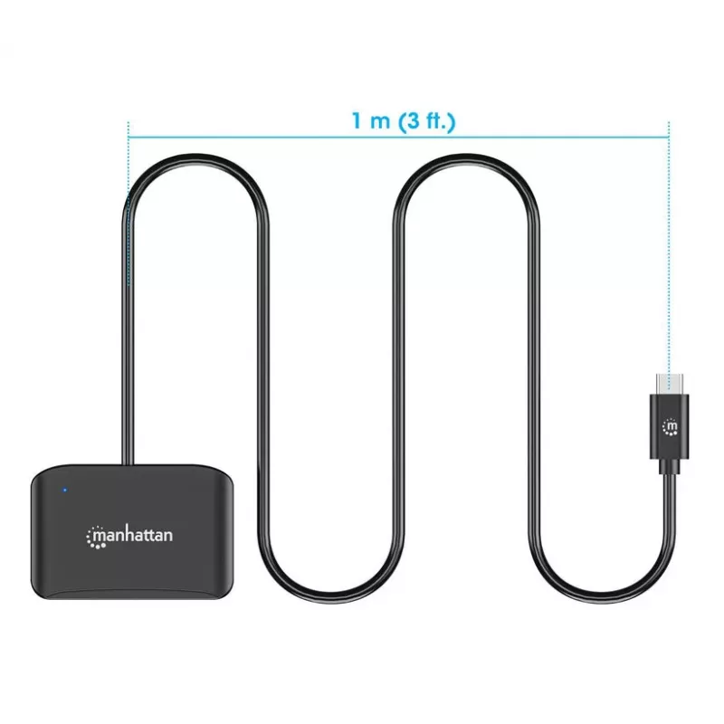 Manhattan USB-C čítačka kontaktných čipových kariet s MicroSD slotom, USB Type-C konektor samec na kontaktné rozhranie čítačky a microSDXC, podporuje Windows, macOS a Linux, číta SIM karty s adaptérom, kábel 1 m, čierna, trojročná záruka