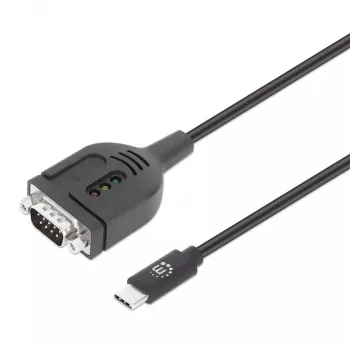 Manhattan USB-C na sériový konvertorový kábel, 1 m, konektor samec na konektor samec, sériový/RS232/COM/DB9, čip Prolific PL2303GT, čierny kábel, trojročná záruka