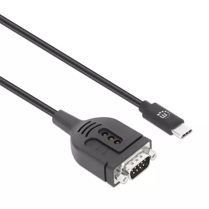 Manhattan USB-C na sériový konvertorový kábel, 1 m, konektor samec na konektor samec, sériový/RS232/COM/DB9, čip Prolific PL2303GT, čierny kábel, trojročná záruka
