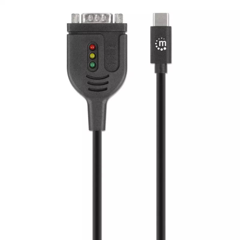 Manhattan USB-C na sériový konvertorový kábel, 1 m, konektor samec na konektor samec, sériový/RS232/COM/DB9, čip Prolific PL2303GT, čierny kábel, trojročná záruka