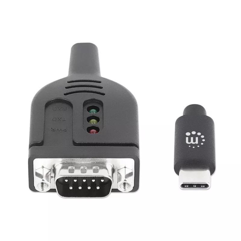 Manhattan USB-C na sériový konvertorový kábel, 1 m, konektor samec na konektor samec, sériový/RS232/COM/DB9, čip Prolific PL2303GT, čierny kábel, trojročná záruka