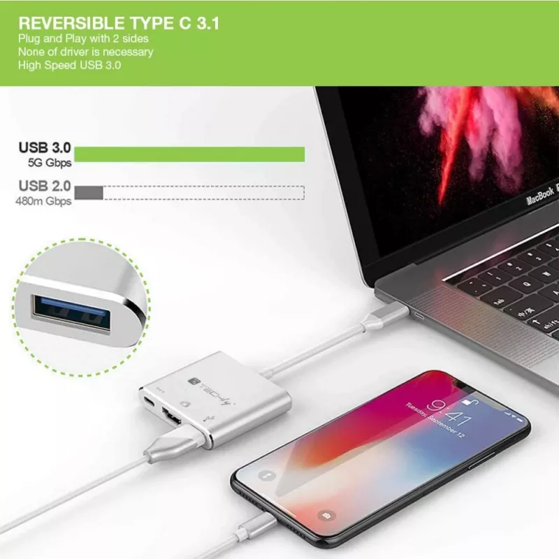 Techly IADAP USB31-HDMIPTY dokovacia stanica na notebook/port replikátor káblový USB 3.2 Gen 1 (3.1 Gen 1) Type-C strieborná