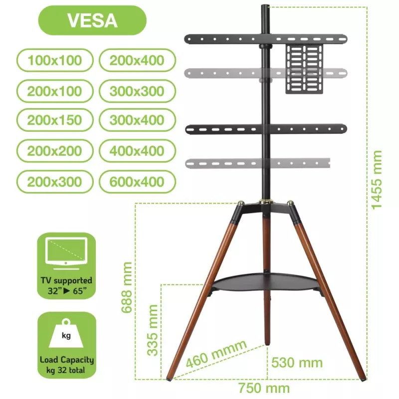 Techly ICA-TR58 TV stojan/podstavec 165,1 cm (65 palcov) čierny, drevo
