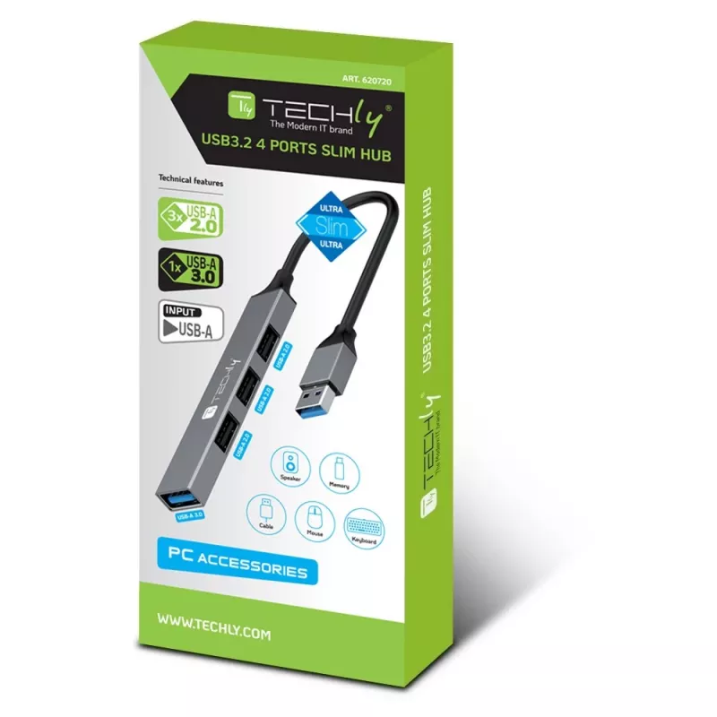 Techly IUSB32-HUB4A-3U2SLS dokovacia stanica pre notebook/port replikátor káblová USB 3.2 Gen 1 (3.1 Gen 1) Type-A sivá