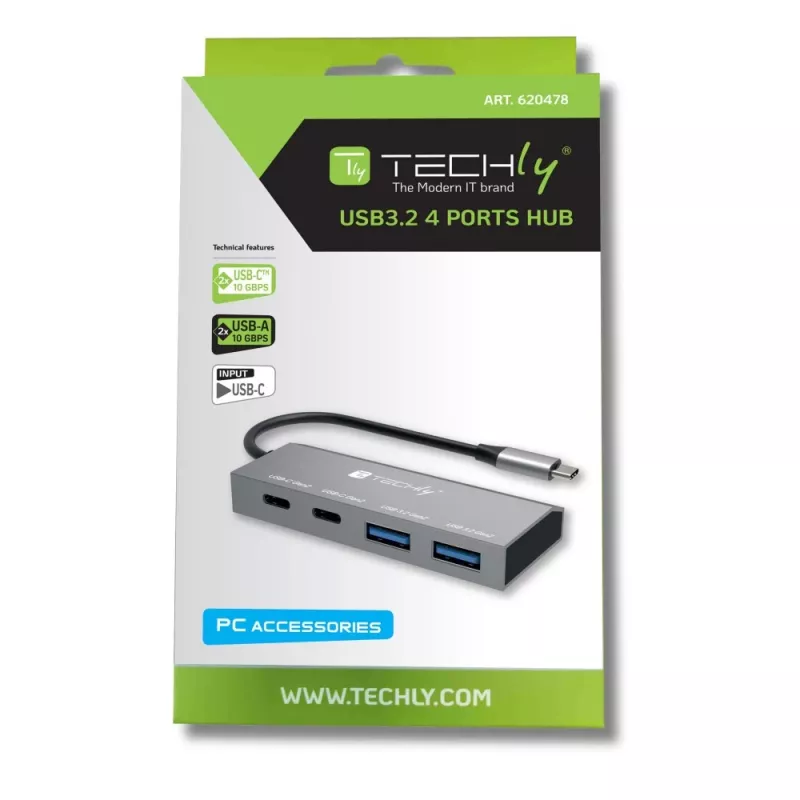 Techly IUSB32C-HUB4AC2 USB-C rozbočovač, 4 porty (2x USB-A, 2x USB-C), USB 3.2, 10 Gbps, strieborný