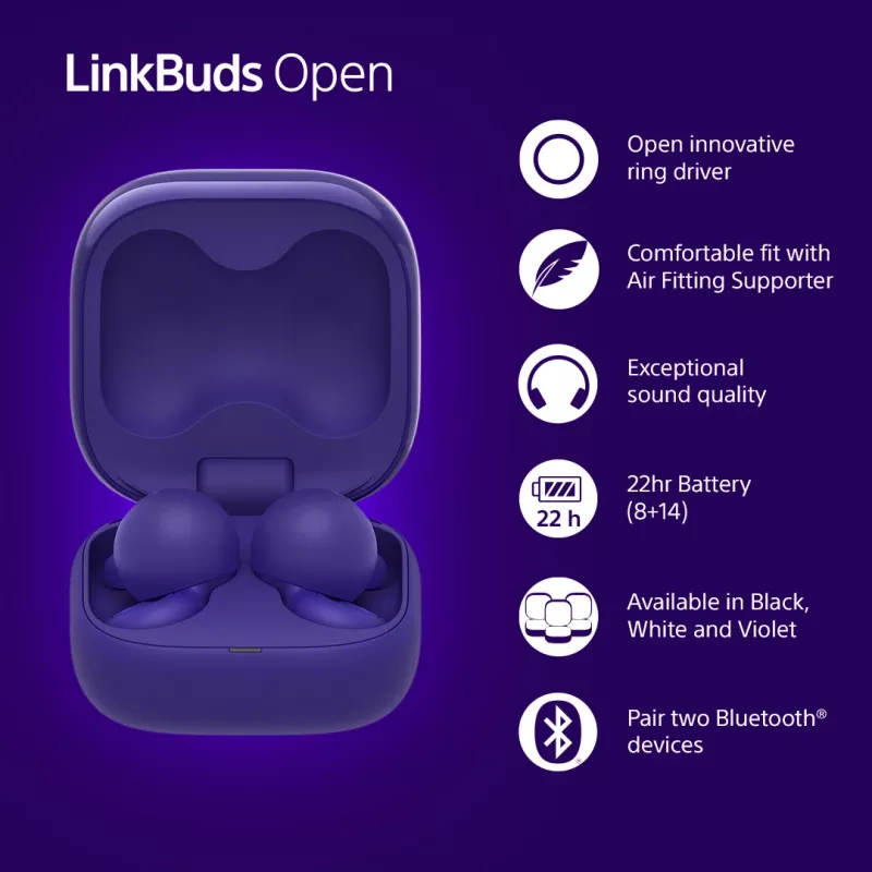 Sony LinkBuds Open WFL910V slúchadlá/headset bezdrôtové in-ear hovory/hudba Bluetooth fialová