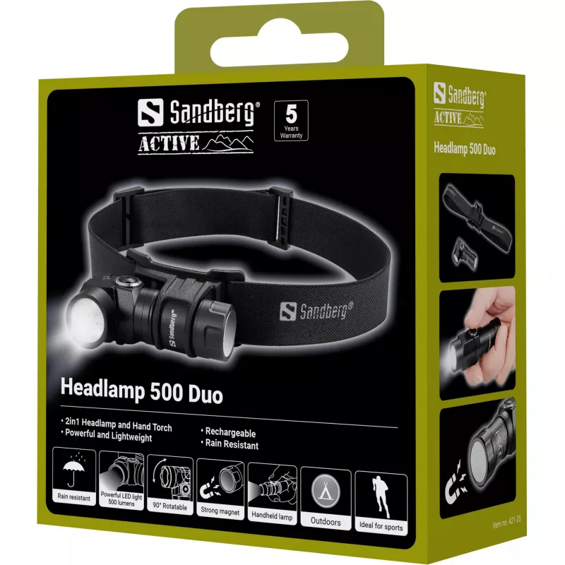 Sandberg Headlamp 500 Duo, čelová lampa, čierna, hliník, IP44, LED, 25 lm