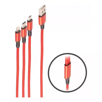 shiverpeaks BASIC-S nabíjací kábel 3v1, USB-A na Micro-B + USB-C + 8-pin, červený, 1,2 m
