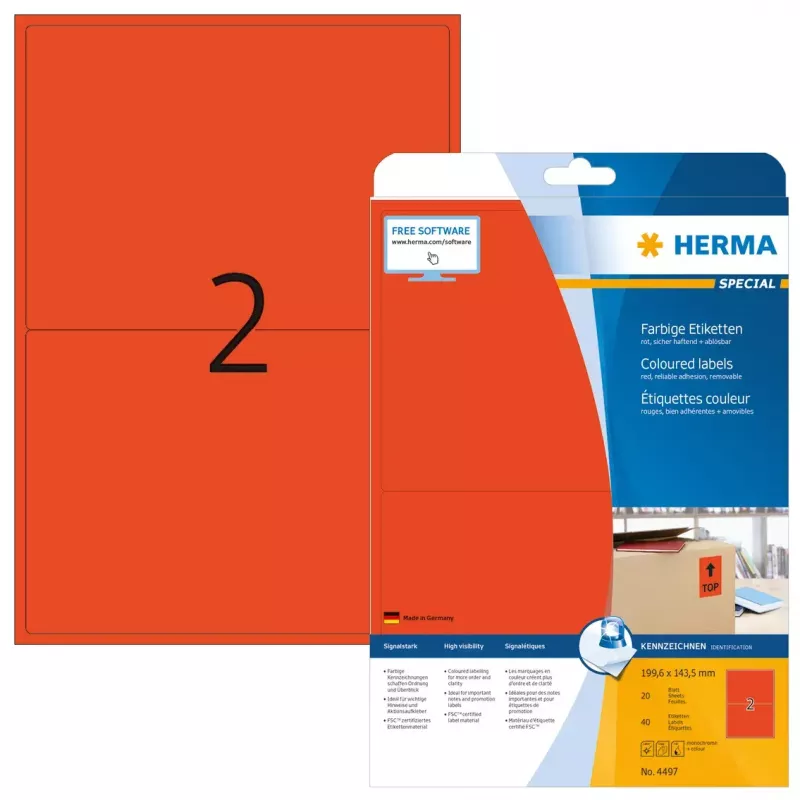 Samolepiaca tlačová etiketa HERMA Coloured Labels A4 199,6x143,5 mm červená papier matný 40 ks
