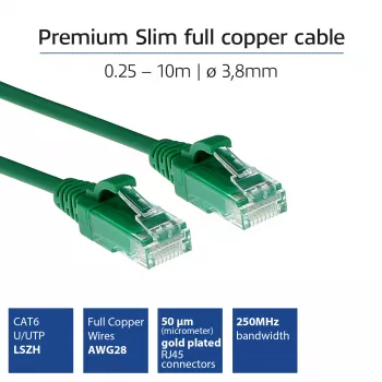 ACT zelená 0,5 metra LSZH U/UTP CAT6 Slimline patch kábel, bez zaisťovacej západky, RJ45 konektor