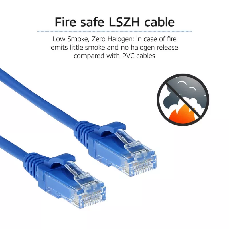 ACT modrý 10 metrov LSZH U/UTP CAT6 Datacenter Slimline patch kábel s RJ45 konektormi bez zámku