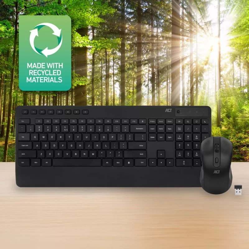 ACT bezdrôtová sada klávesnice a myši (Qwerty), tichý klik, ekologická, z recyklovaných materiálov