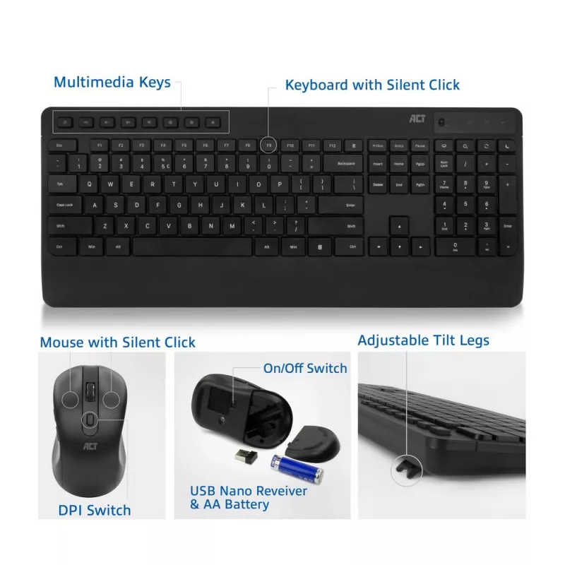 ACT bezdrôtová sada klávesnice a myši (Qwerty), tichý klik, ekologická, z recyklovaných materiálov