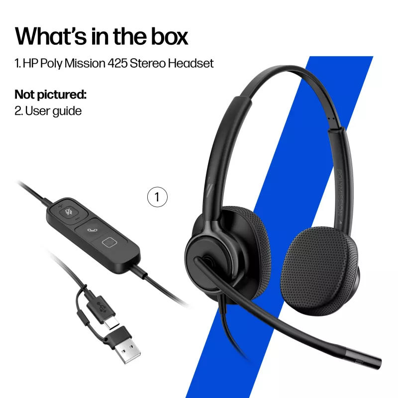Káblový stereo headset HP Poly Mission 425 USB — Bulk, hmotnosť 132 g