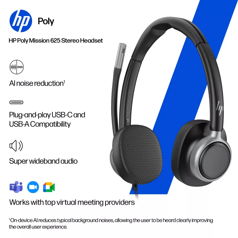 Káblový stereo USB headset HP Poly Mission 625 — okolo uší, 147 g, USB konektor (Bulk)