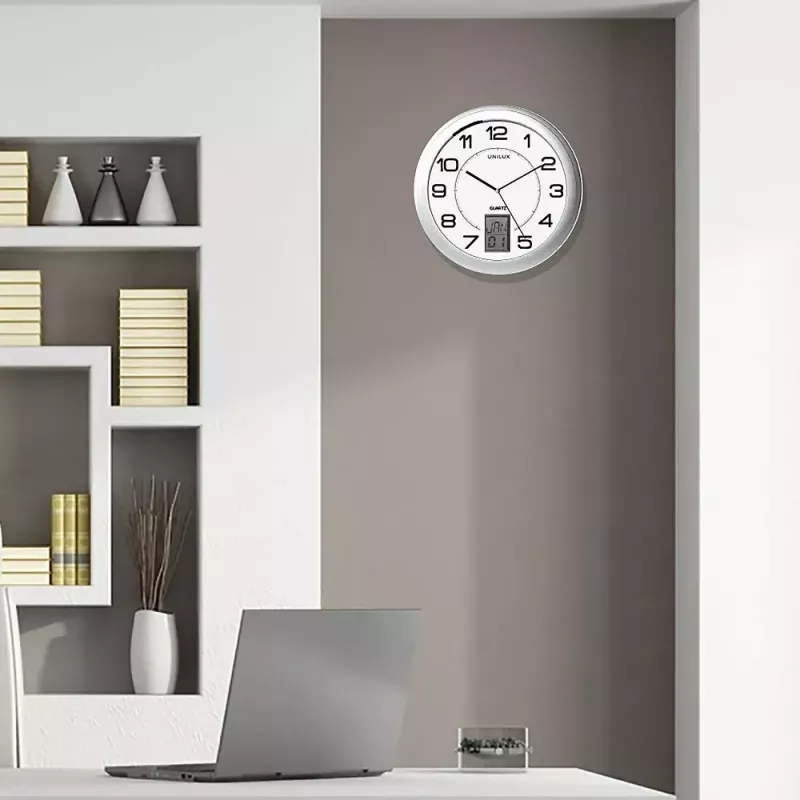 Nástenné/stolné hodiny Unilux 100340853 — kremenné, okrúhle kovové strieborné, Ø 31 cm, batéria AA/AAA