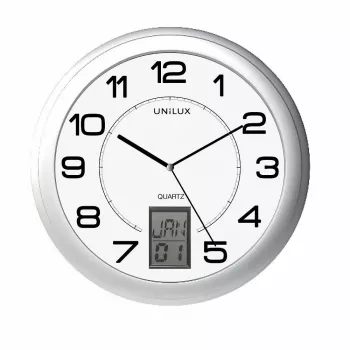 Nástenné/stolné hodiny Unilux 100340853 — kremenné, okrúhle kovové strieborné, Ø 31 cm, batéria AA/AAA