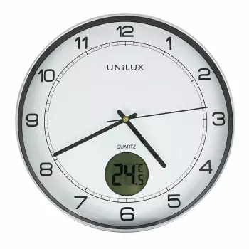 Nástenné/stolné hodiny Unilux 400094592 — quartz, okrúhle metalické strieborné, Ø 30 cm, batéria AA/AAA