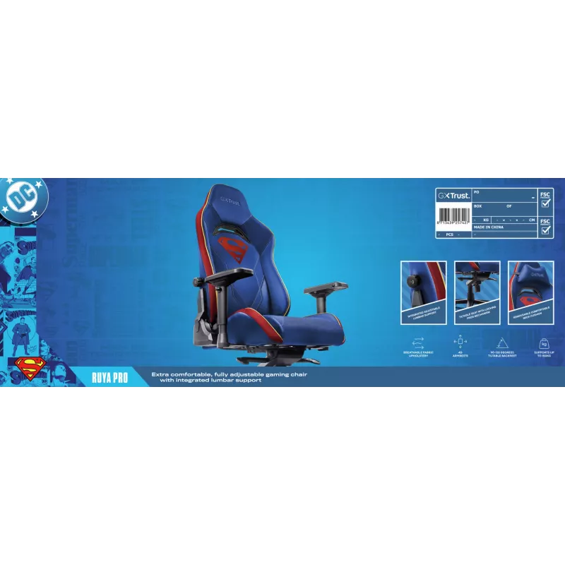 Herná stolička TRUST RUYA PRO GXT721SM Superman — ergonomický dizajn, výškovo nastaviteľná