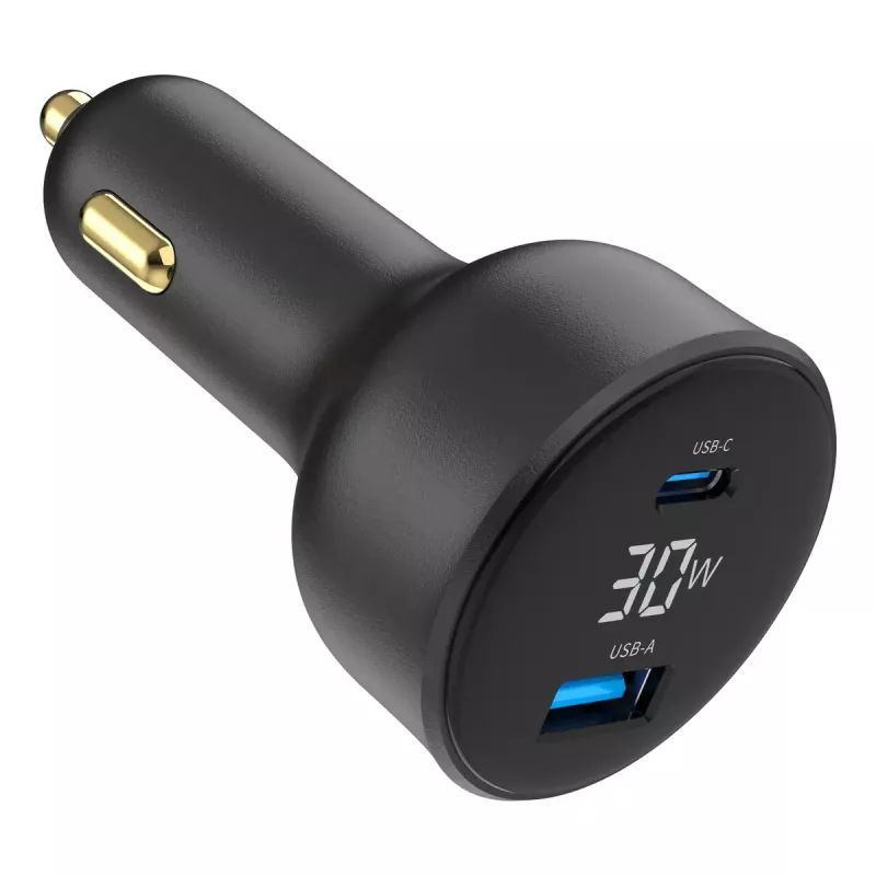 Auto nabíjačka Gembird TA-UC-AC2PD30LCD-CAR-01, USB-C, 30 W, 12–24 V, čierna