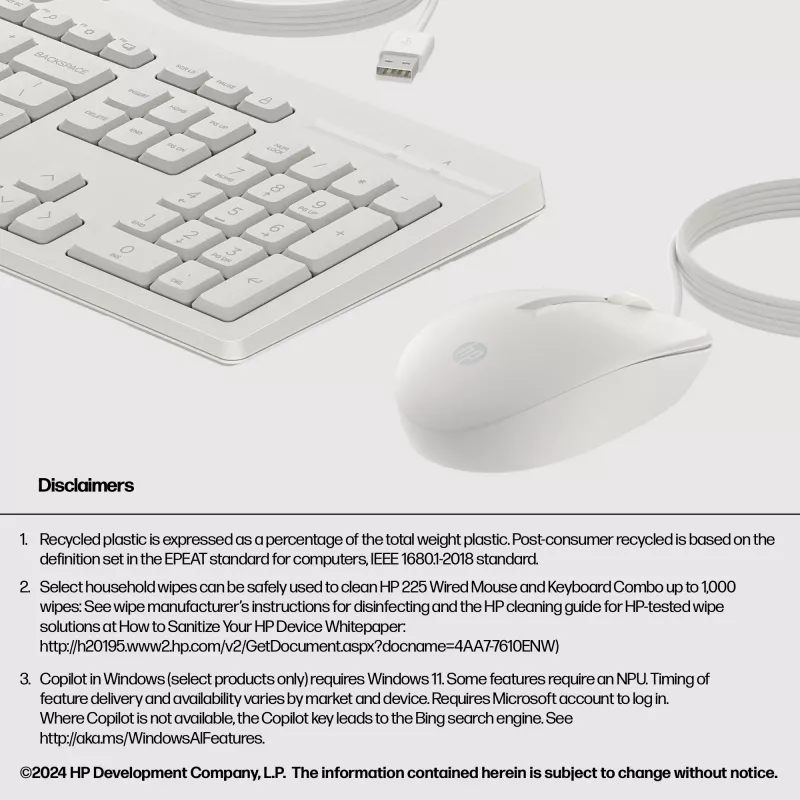 HP 225 káblová kombinácia myši a klávesnice, Full-Size (100 %), káblová, USB, biela, myš súčasťou