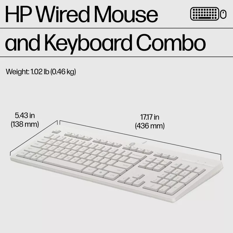 HP 225 káblová kombinácia myši a klávesnice, Full-Size (100 %), káblová, USB, biela, myš súčasťou