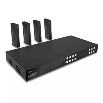 Lindy 150m Cat.6 4x4 HDMI 4K60 HDBaseT Matrix extender, 3840 x 2160 pixelov, AV vysielač a prijímač, 150 m, káblový, čierna, HDCP