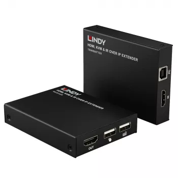 Lindy HDMI, KVM a IR over IP extender, vysielač a prijímač, káblový, 150 m, Cat5e, Cat6, čierna, kov