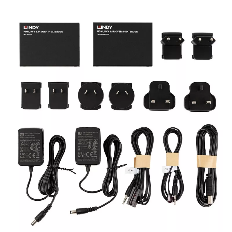 Lindy HDMI, KVM a IR over IP extender, vysielač a prijímač, káblový, 150 m, Cat5e, Cat6, čierna, kov