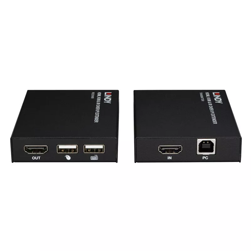 Lindy HDMI, KVM a IR over IP extender, vysielač a prijímač, káblový, 150 m, Cat5e, Cat6, čierna, kov
