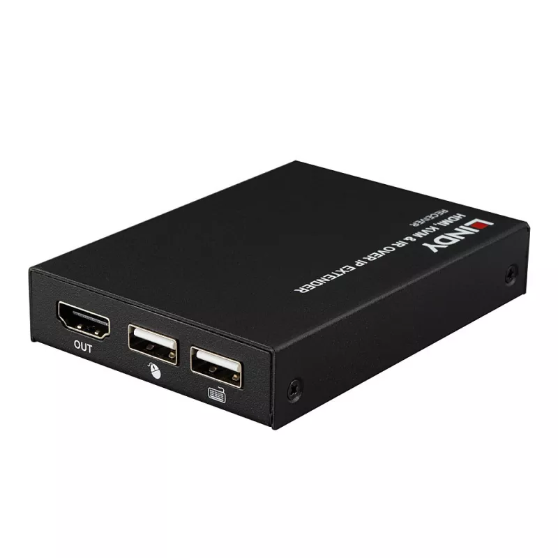 Lindy HDMI, KVM a IR over IP extender, prijímač, vysielač a prijímač, káblový, 150 m, Cat5e, Cat6, čierna, kov