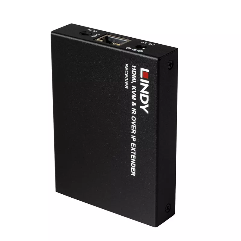 Lindy HDMI, KVM a IR over IP extender, prijímač, vysielač a prijímač, káblový, 150 m, Cat5e, Cat6, čierna, kov