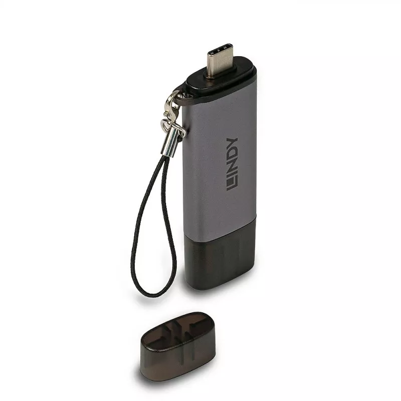 Lindy USB 3.2 Type-C a A čítačka SD/microSD kariet, MiniSD, SD, čierna, sivá, 5000 Mbit/s, USB 3.2 Gen 1 (3.1 Gen 1) Type-A/Type-C, 78,5 mm, 22,5 mm