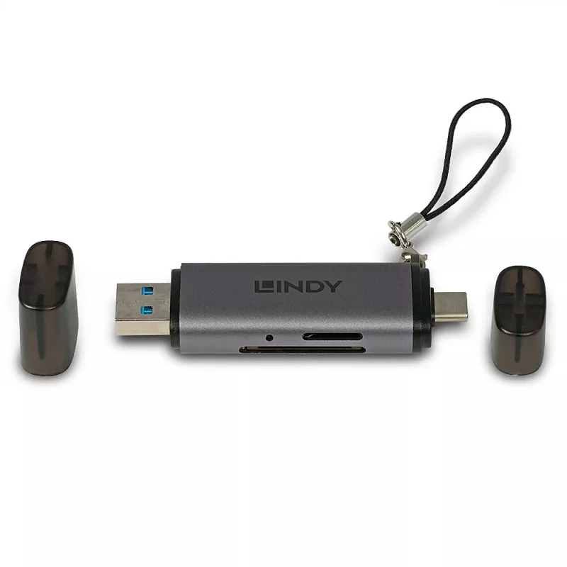 Lindy USB 3.2 Type-C a A čítačka SD/microSD kariet, MiniSD, SD, čierna, sivá, 5000 Mbit/s, USB 3.2 Gen 1 (3.1 Gen 1) Type-A/Type-C, 78,5 mm, 22,5 mm