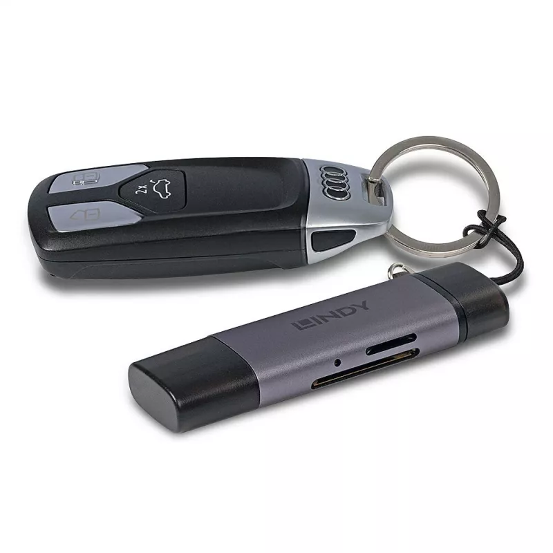 Lindy USB 3.2 Type-C a A čítačka SD/microSD kariet, MiniSD, SD, čierna, sivá, 5000 Mbit/s, USB 3.2 Gen 1 (3.1 Gen 1) Type-A/Type-C, 78,5 mm, 22,5 mm