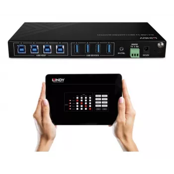 Lindy 4x4 USB 3.2 Gen 1 matrix switch, 5 Gbit/s, čierna, kov, otočný ovládač, CE, FCC, RoHS & REACH, USB Type-A, USB Type-B
