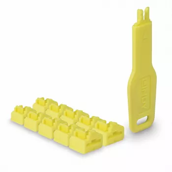 Lindy RJ45 Port Locks žltá, 10x + 1 kľúč, port blocker + kľúč, RJ-45, žltá, akrylonitril-butadién-styrén (ABS), 10 ks, poly vrecko