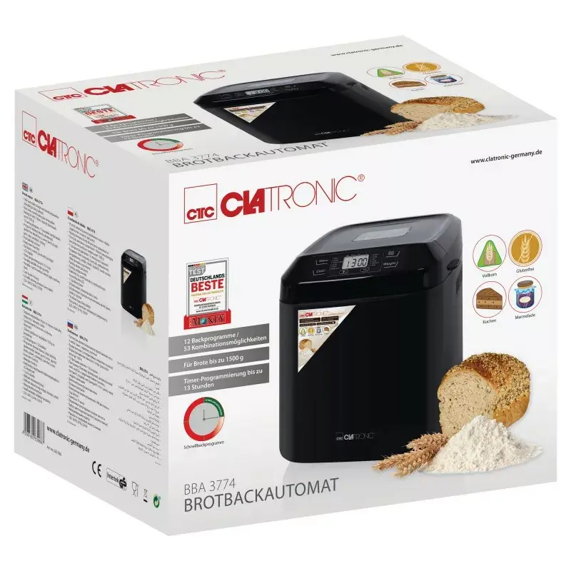 Automatický pekár na chlieb CLATRONIC BBA 3774 550W – 3 l pekáč, až 1,5 kg bochník, 12 programov, LCD časovač