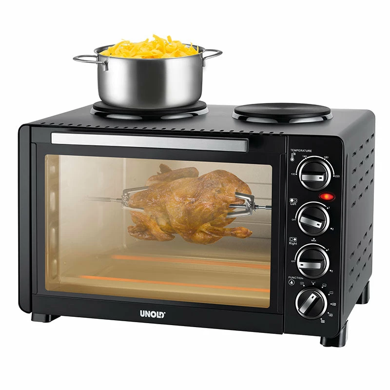 Unold Small kitchen all in one, voľne stojaci sporák, čierna, otočný regulátor, čierna, kov, sklo