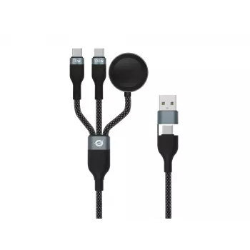 USB A na 2× USB-C 3-in-1 rýchlonabíjací dátový kábel Conceptronic ETTA08B15 — 1,5 m, USB 2.0, 5 A, nabíjačka Apple Watch, 100 W E‑Mark