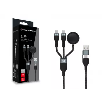 USB A na 2× USB-C 3-in-1 rýchlonabíjací dátový kábel Conceptronic ETTA08B15 — 1,5 m, USB 2.0, 5 A, nabíjačka Apple Watch, 100 W E‑Mark