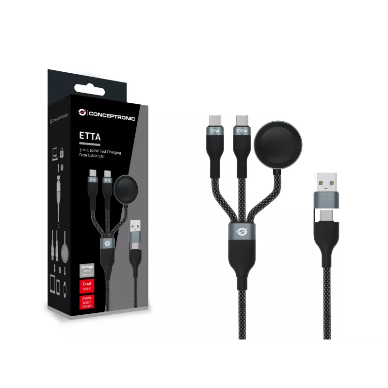 USB A na 2× USB-C 3-in-1 rýchlonabíjací dátový kábel Conceptronic ETTA08B15 — 1,5 m, USB 2.0, 5 A, nabíjačka Apple Watch, 100 W E‑Mark