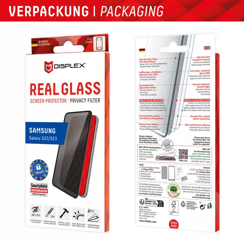 Displex Privacy Screen Protector (10H) pre Samsung Galaxy S22/S23, Eco montážny rám, filter proti zvedavým pohľadom